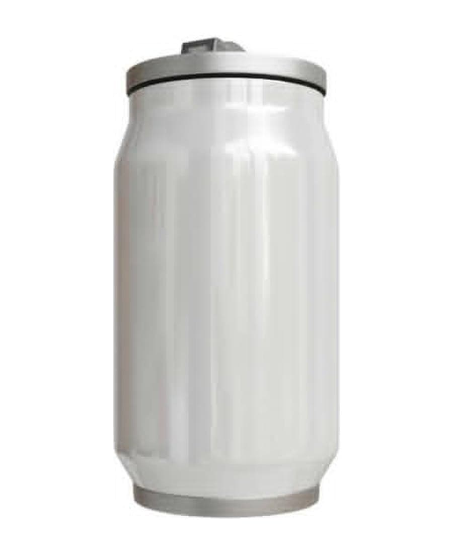 250ml Can Tumbler, unprinted. Double-wall stainless steel, white body, silver lid, silver screw lid with a pull tab.