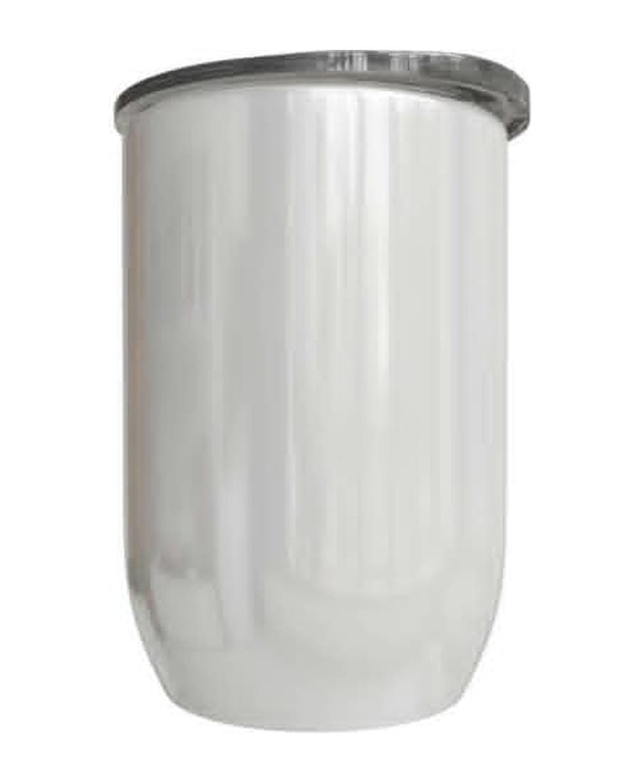 12oz Gin Tumbler, unprinted. Double-wall stainless steel, white, clear press-on lid.