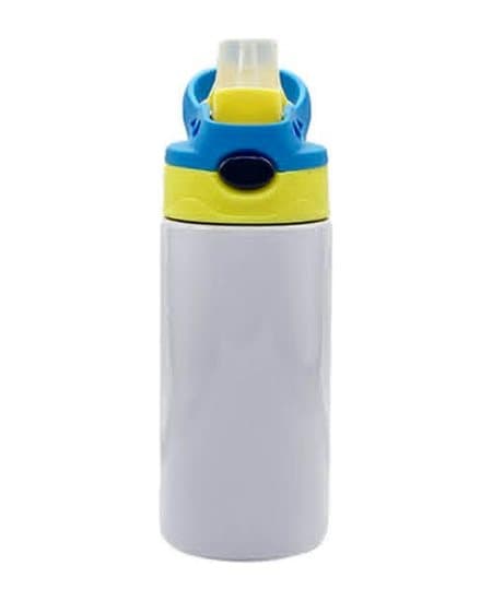 300ml Kids Flip-Top Bottle, unprinted. Double-wall stainless steel, blue and yellow flip-top lid with a soft straw and a carry loop.