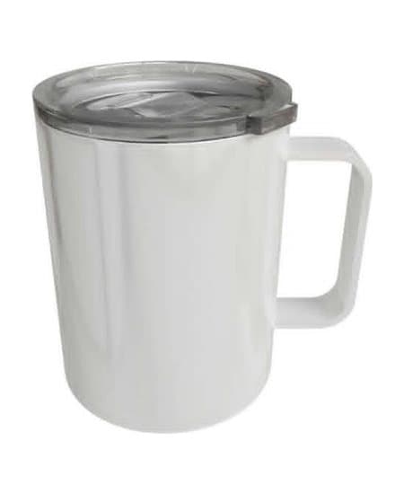 12oz Stainless Steel Coffee Mug, unprinted. Double-wall stainless steel, clear press-on slide lid.
