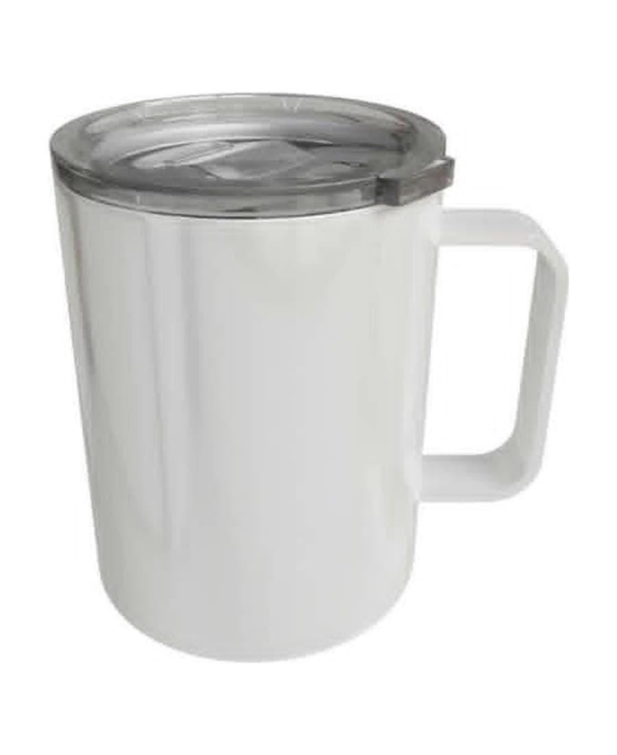 12oz Stainless Steel Coffee Mug, unprinted. Double-wall stainless steel, white, clear press-on slide lid.