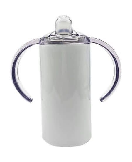 320ml Baby Sippy Cup, unprinted. Double-wall stainless steel, clear sippy spout lid with two clip-on handles.