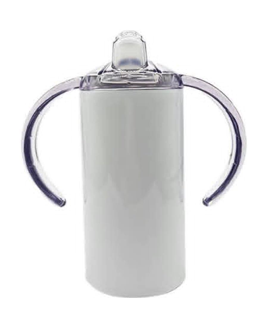 320ml Baby Sippy Cup, unprinted. Double-wall stainless steel, white body, clear handles and spout, clear sippy spout lid with two clip-on handles.