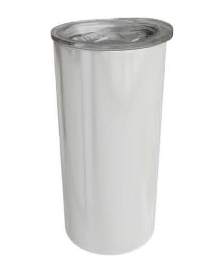15oz Skinny Tumbler, unprinted. Double-wall stainless steel, clear domed lid.