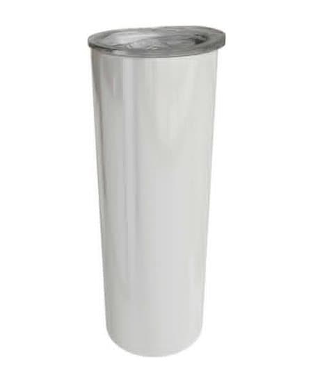 20oz Skinny Tumbler, unprinted. Double-wall stainless steel, clear press-on lid.