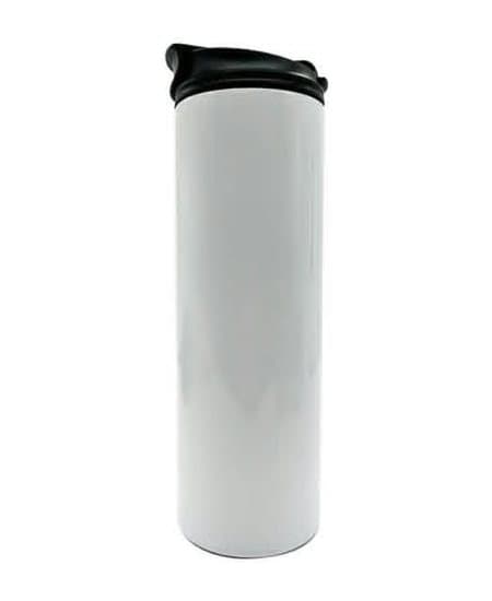 20oz Hot and Cold Skinny Tumbler, unprinted. Double-wall stainless steel, black flip-open drinking lid.