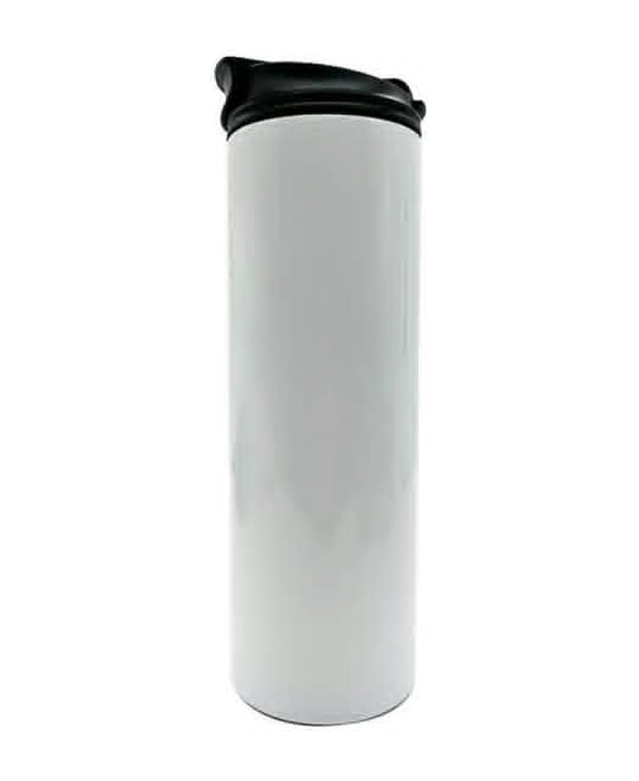 20oz Hot and Cold Skinny Tumbler, unprinted. Double-wall stainless steel, white, black flip-open drinking lid.