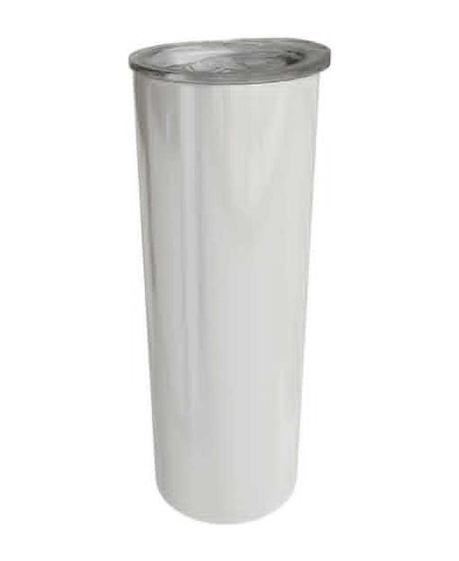 20oz Skinny Tumbler, unprinted. Double-wall stainless steel, white, clear press-on lid.