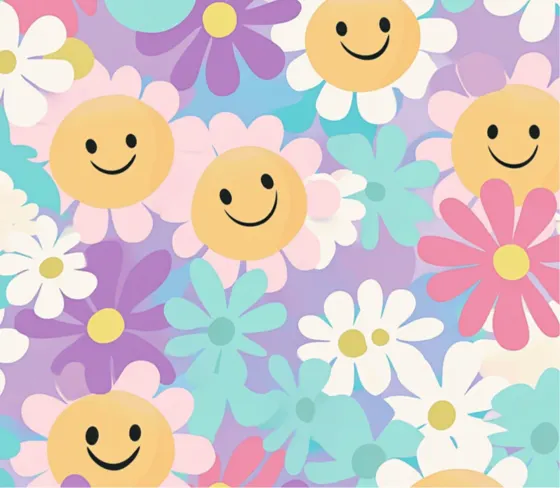 Retro smiley faces and daisies repeating across pastel lilac and pink