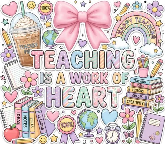 Teacher print reading Teaching Is A Work Of Heart with books, pencils and a bow