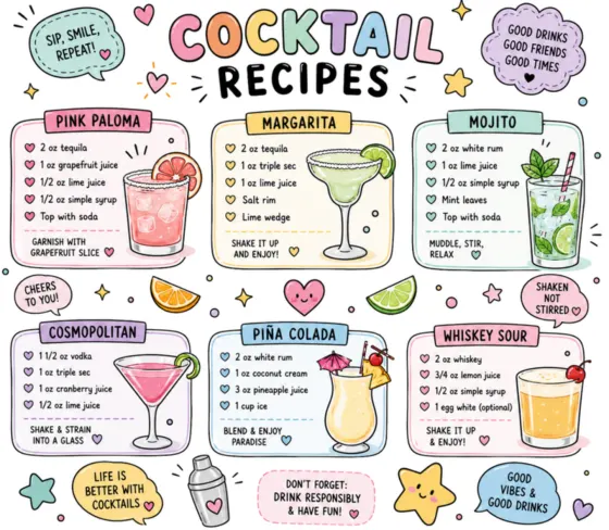 Print of six illustrated cocktail recipes including Margarita, Mojito and Pina Colada