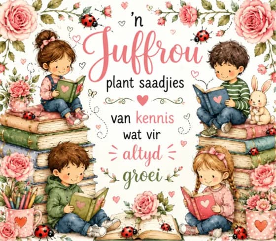 Afrikaans teacher print reading n Juffrou plant saadjies van kennis wat vir altyd groei, with children reading