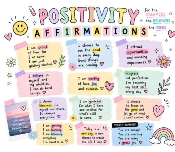 Affirmation print laid out as pastel sticky notes with I am worthy and I choose happiness