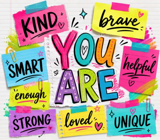 Bold colour-block print reading You are kind, brave, smart, enough, loved and unique