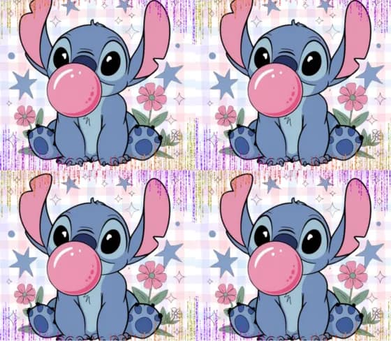 Print of a small blue cartoon alien character blowing pink bubblegum