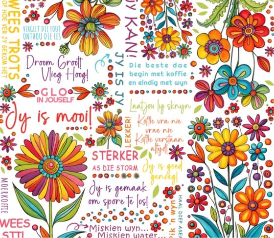 Afrikaans and English floral affirmation print with Jy is mooi and Sterker as jy dink among wildflowers