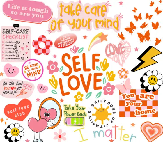 Retro self-love print with lightning bolts, daisies and Take care of your mind lettering
