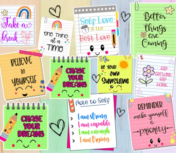Print of pastel note cards reading Take a break, Believe in yourself and Chase your dreams