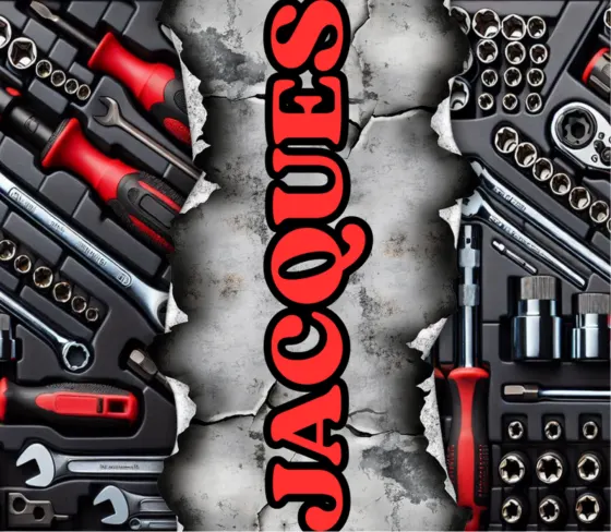 Bold personalised name print set across a dark workshop tool background