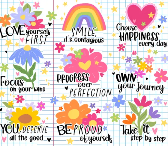 Soft floral print with Love yourself first, Progress over perfection and Own your journey