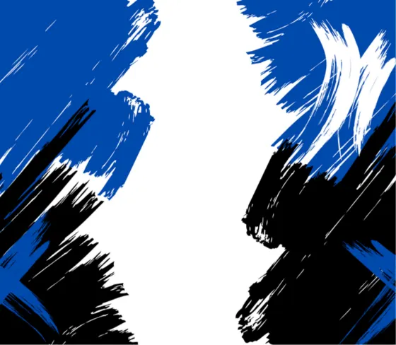Abstract print of blue and black brushstrokes on white