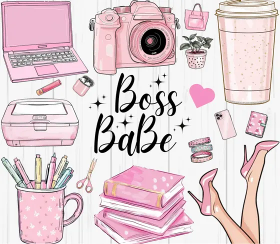 Pink desk print reading Boss Babe with a laptop, camera, planner and heels