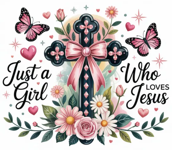 Print reading Just a girl who loves Jesus with a floral cross and roses