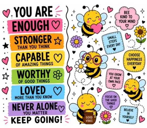 Print reading You are enough, stronger than you think and never alone, with honey bees