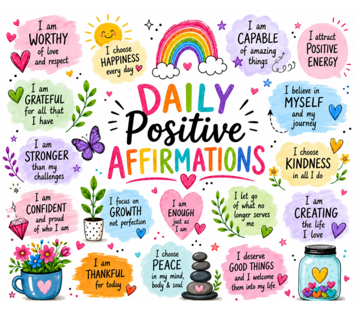 Print of pastel affirmation cards reading I am confident, I am grateful and I am enough