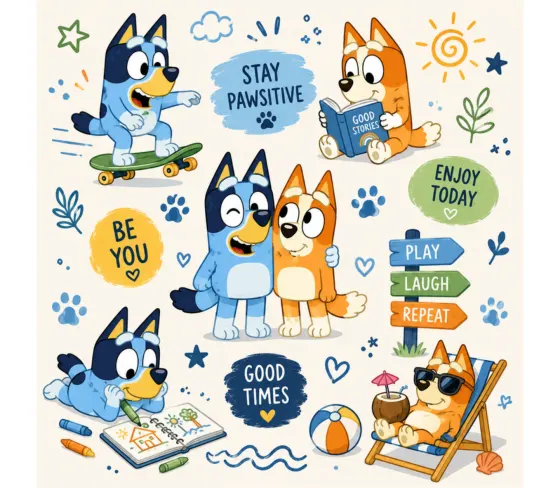 Print with a blue cartoon dog family reading Stay pawsitive, Be you and Good times
