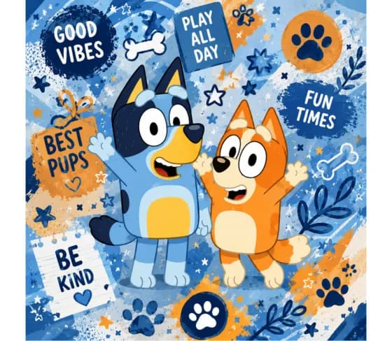 Print with blue cartoon dogs reading Good vibes, Play all day and Best pups