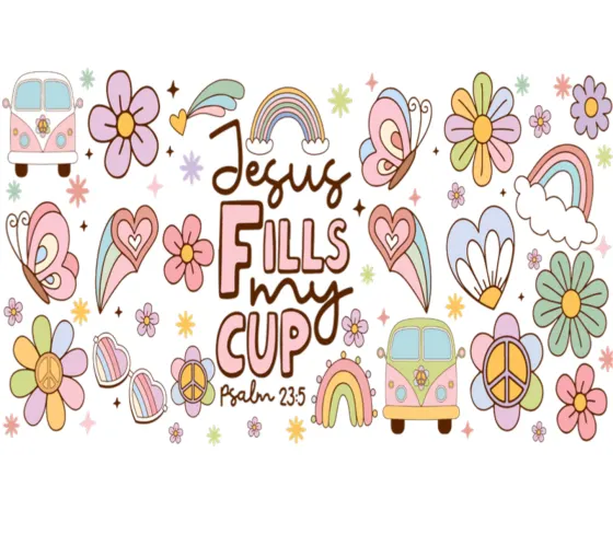 Doodle print reading Jesus fills my cup, Psalm 23:5, with flowers, hearts and a camper van