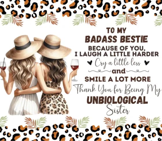 Print reading To my badass bestie, thank you for being my unbiological sister, with a leopard-print border