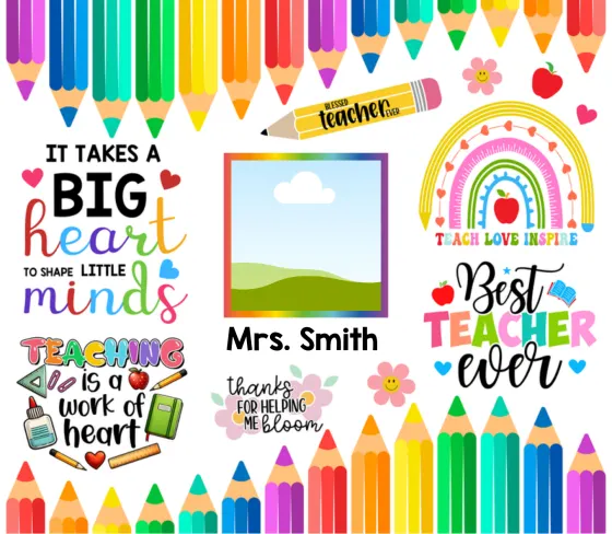 Teacher print reading It takes a big heart to shape little minds with a photo panel and coloured pencils
