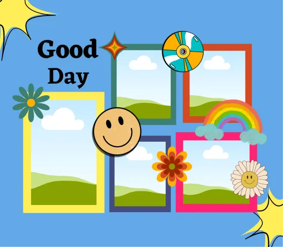 Photo template with blank panels, a smiley face and Good Day lettering on blue