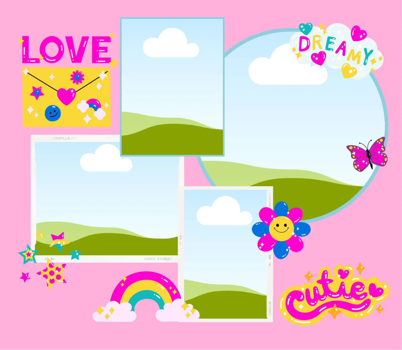 Photo template with blank panels, rainbows and Love lettering on pink