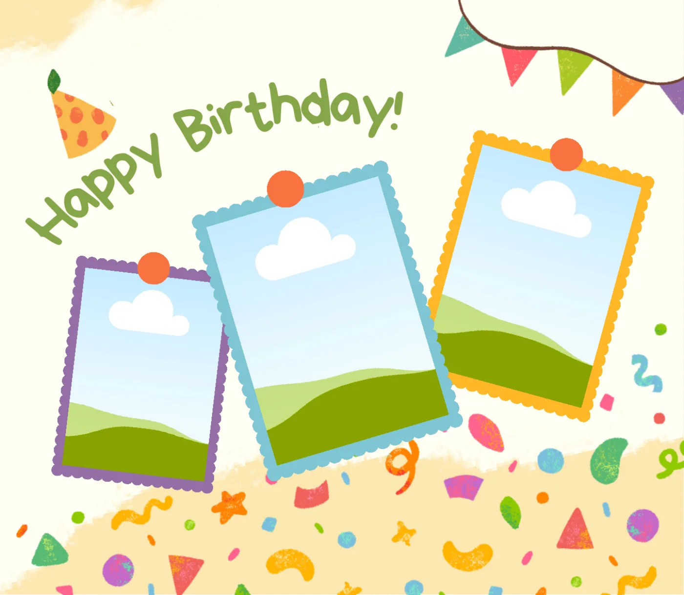 Photo template with bunting, confetti and Happy Birthday lettering around three blank panels