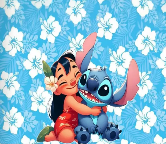 Print with a blue cartoon alien and an island girl hugging on a blue floral background
