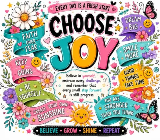 Bright print reading Choose Joy with Faith over fear, Dream big and Every day is a fresh start