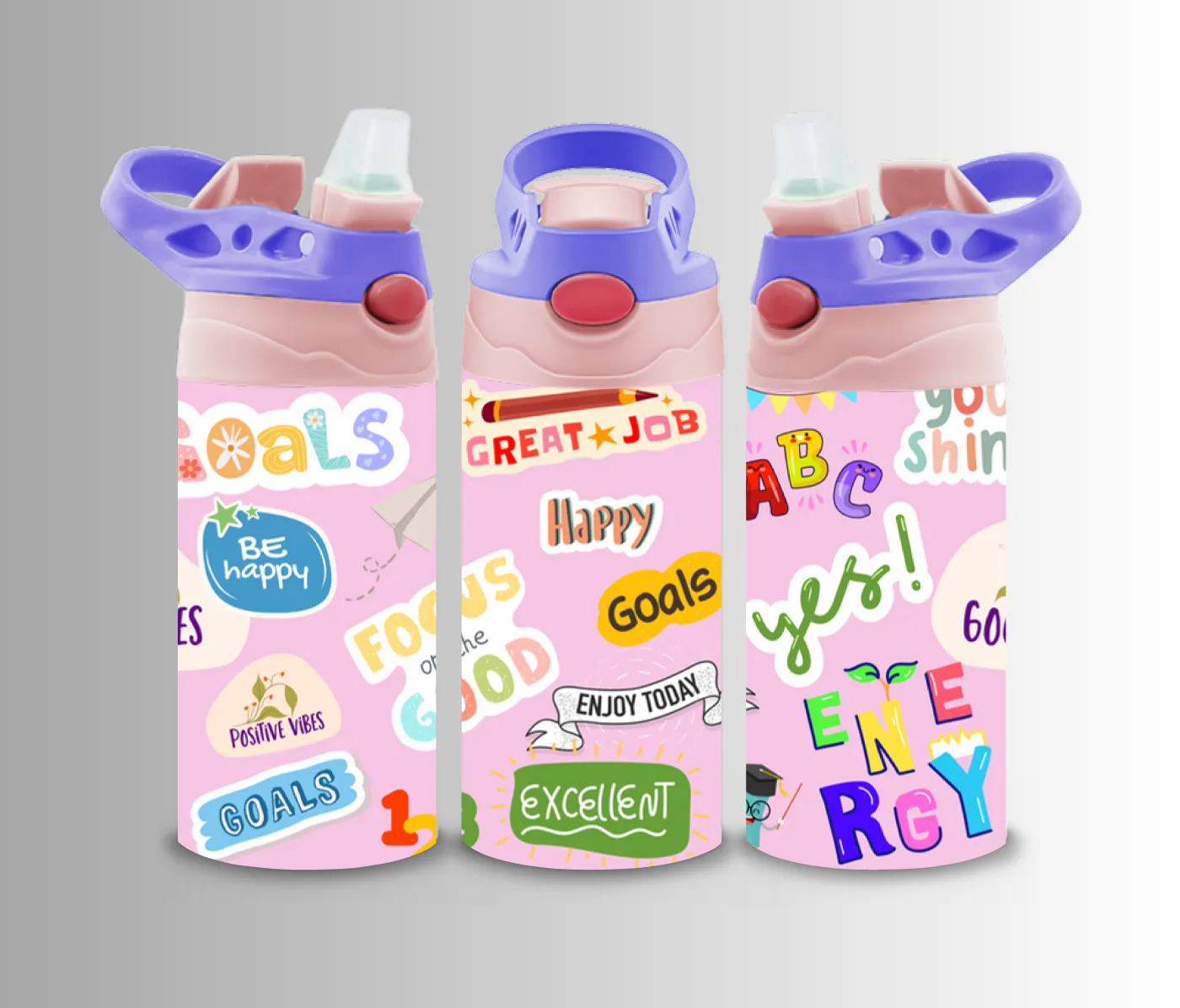 Kids flip-top bottle wrap covered in reward stickers reading Goals, Good Job and Enjoy Today