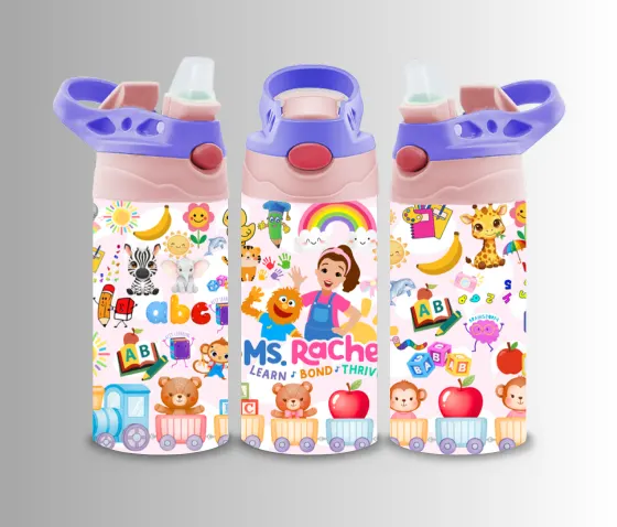 Kids flip-top bottle wrap with a friendly learning presenter, alphabet blocks and toy animals