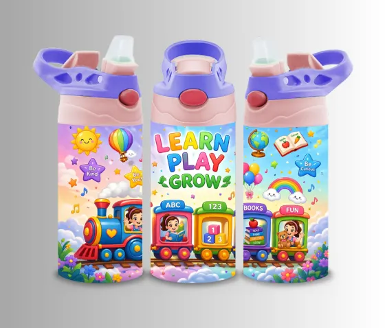 Kids flip-top bottle wrap reading Learn Play Grow with a rainbow train and hot air balloons