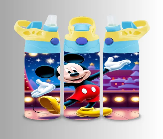 Kids flip-top bottle wrap with a classic cartoon mouse waving on a starry night stage