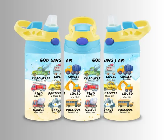 Kids flip-top bottle wrap reading God Says I Am with scripture affirmations for children
