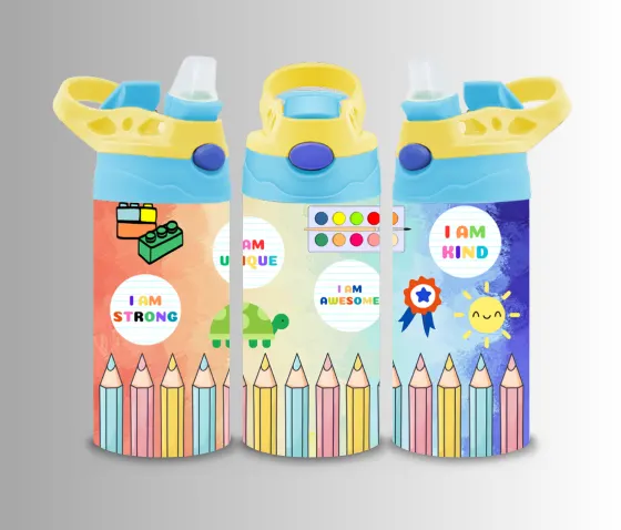 Kids flip-top bottle wrap with I Am Strong badges above a row of coloured pencils