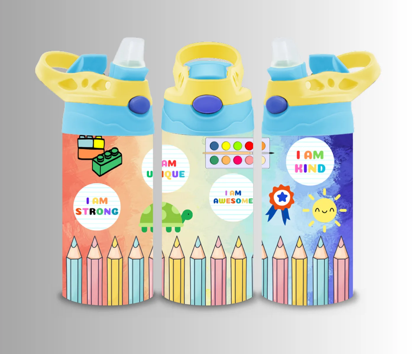 Kids flip-top bottle wrap with I Am Strong badges above a row of coloured pencils