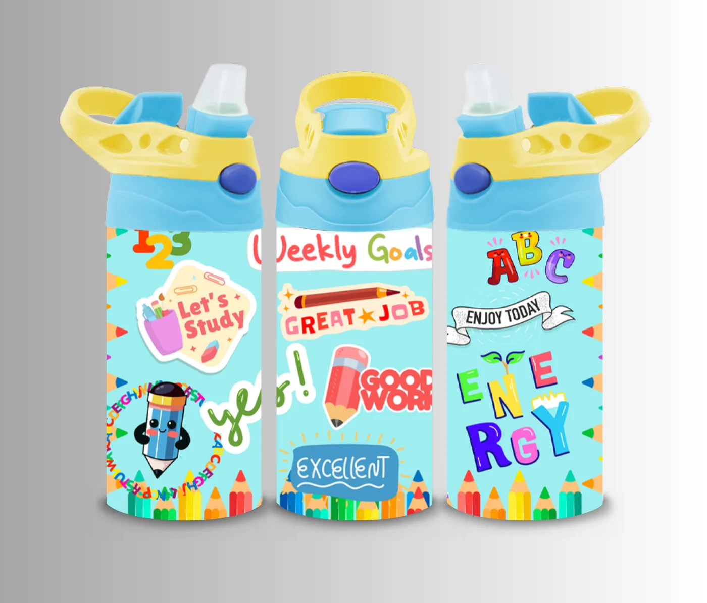 Kids flip-top bottle wrap of study stickers reading Weekly Goals, Let's Study and Enjoy Today