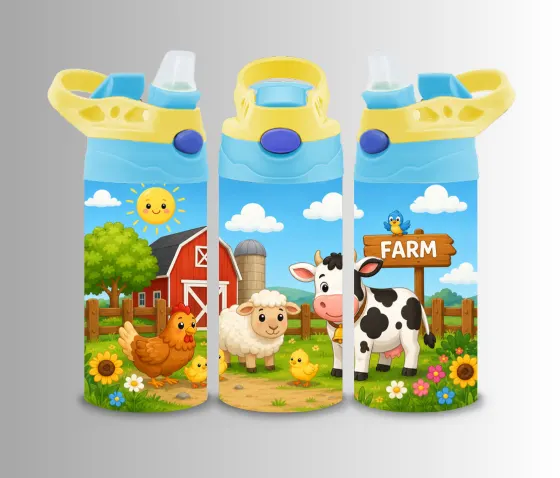 Kids flip-top bottle wrap with a red barn, cows, sheep and sunflowers
