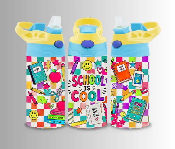 Kids flip-top bottle wrap reading School Is Cool on pink checkerboard with stationery icons