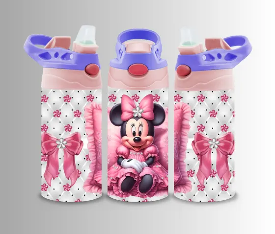 Kids flip-top bottle wrap with a bow-wearing cartoon mouse on soft pink polka dots